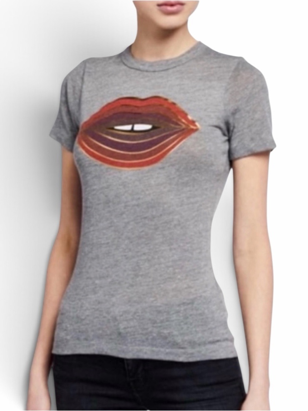 Chaser Grey Crew Neck Glam Lips Graphic Print Short Sleeve T-Shirt Size Medium